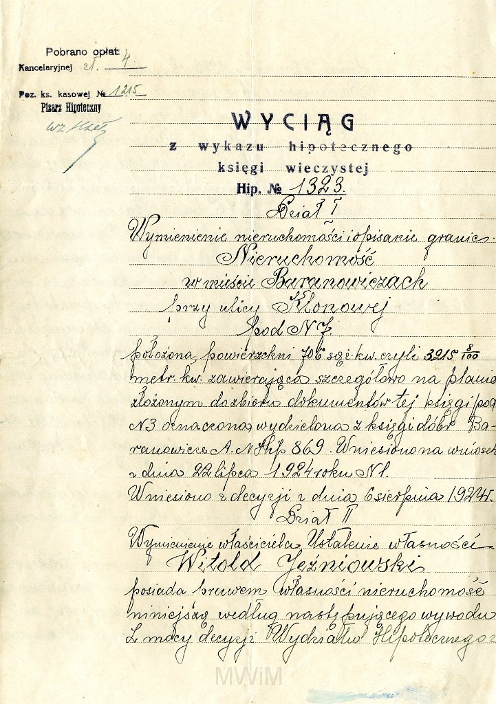 KKE 4593-1.jpg - Dok. Wyciąg wykazu hipotecznego Księgi Wieczystej, Grodno, 11 VIII 1924 r.